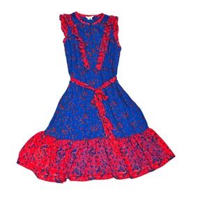 Boden Elise Meadow midi dress Blue Coral/Red Floral Ruffle Sleeve Tie Waist 14